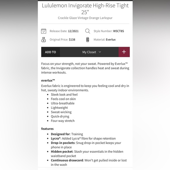 605. NWOT - Lululemon Invigorate High Rise Tight 25” Crackle Vintage Orange - Picture 2 of 9